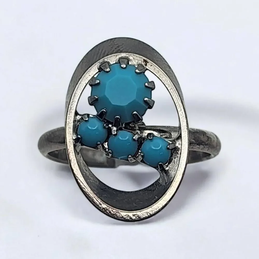 Vintage Ram-Zor Turquoise Rhinestone Silver Tone Adjustable Ring
